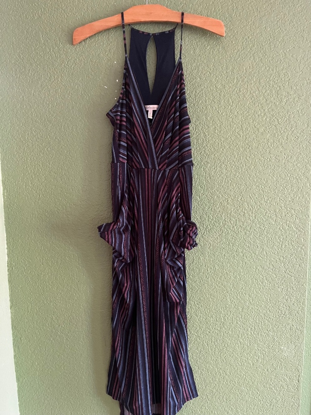 BCBGeneration  Midi Dress Spaghetti Strap  Draped Pockets  Multi Striped Size XS
